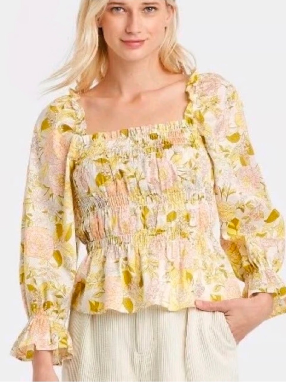 Who What Wear Yellow Floral Smocked Square-Neck Peplum Blouse